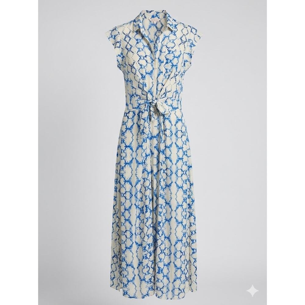 Rebecca Taylor Ikat Silk Blue White Abstract Flutter Sleeve Maxi Dress Size 6 - Picture 4 of 12